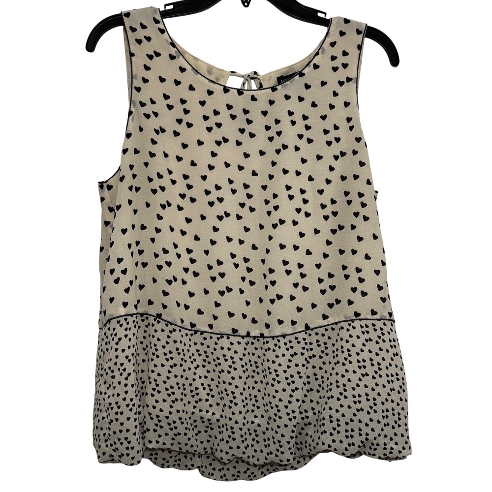 Max Edition Women Cream Black Heart Print Bubble Hem Sleeveless Blouse Large